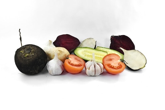 appetite, beetroot, cucumber, garlic, radish, tomato, vegetables, vegetarian, vitamin C, diet