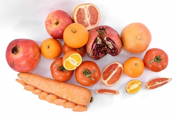 carrot, citrus, delicious, grapefruit, pomegranate, red, ripe fruit, tomatoes, vegetables, vitamin C