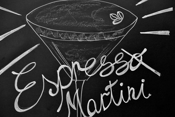 black and white, drawing chalk, drink, espresso, sign, blackboard, chalk, text, symbol, food