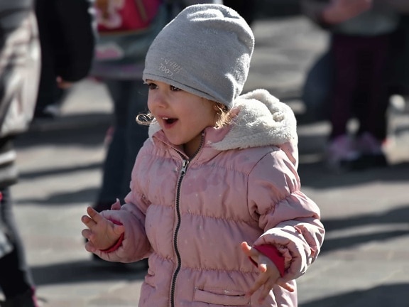 enjoyment, fun, happiness, pretty girl, child, person, people, street, winter, outdoors