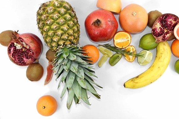 banana, citrus, exotic, kiwi, lemon, lime, mandarin, pineapple, pomegranate, ripe fruit