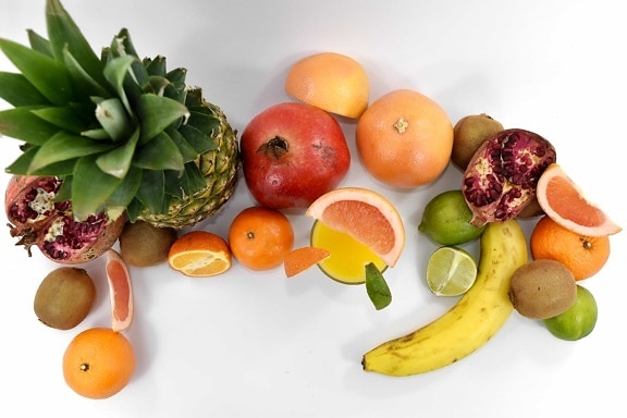 banana, grapefruit, groceries, kiwi, lime, pineapple, pomegranate, food, orange, fruit