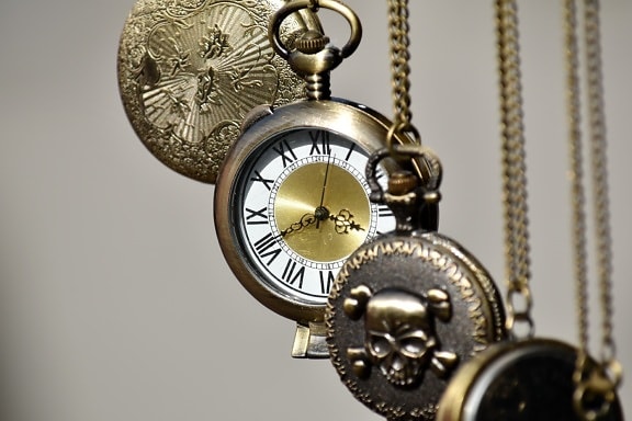 アナログ時計, 真鍮, ぶら下げ, 時間, メカニズム, 手, チェーン, アンティーク, 時計, デバイス