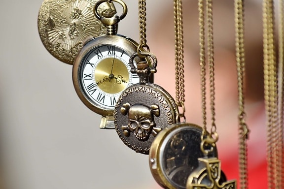 accessory, analog clock, chain, hanging, mechanism, antique, clock, jewelry, decoration, brass