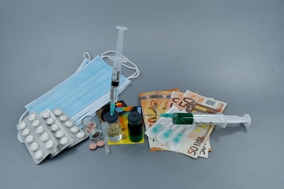 cure, drugs, face mask, hygiene, medication, painkiller, paper money, pills, protection, syringe