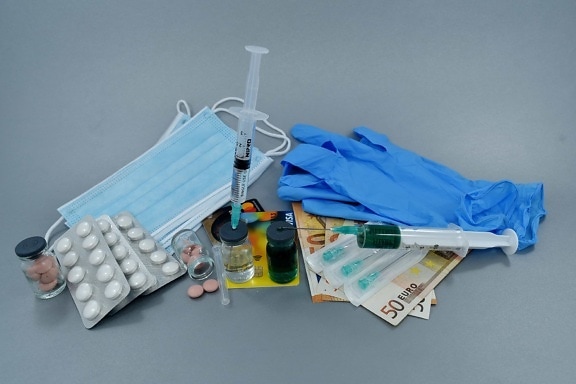 cash, chemicals, cost, cure, drugs, face mask, gloves, illness, injection, latex