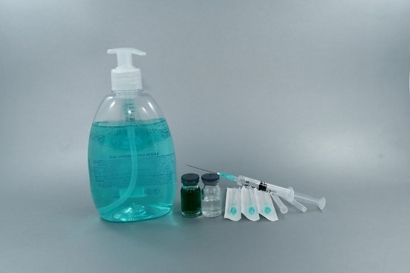 cure, disinfectant, hygiene, infectious agent, infectious disease, liquid, protection, soap, syringe, container