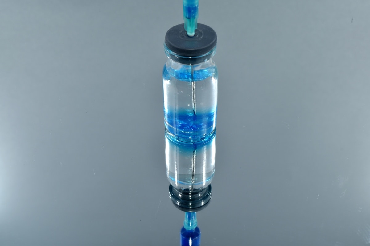 blue, chemicals, close-up, injection, liquid, pharmacology, reflection, syringe, container, bottle