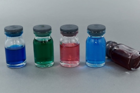 biochemie, láhve, chemikálie, chemii, barevné, barvy, kapalina, farmakologie, kontejner, sklo