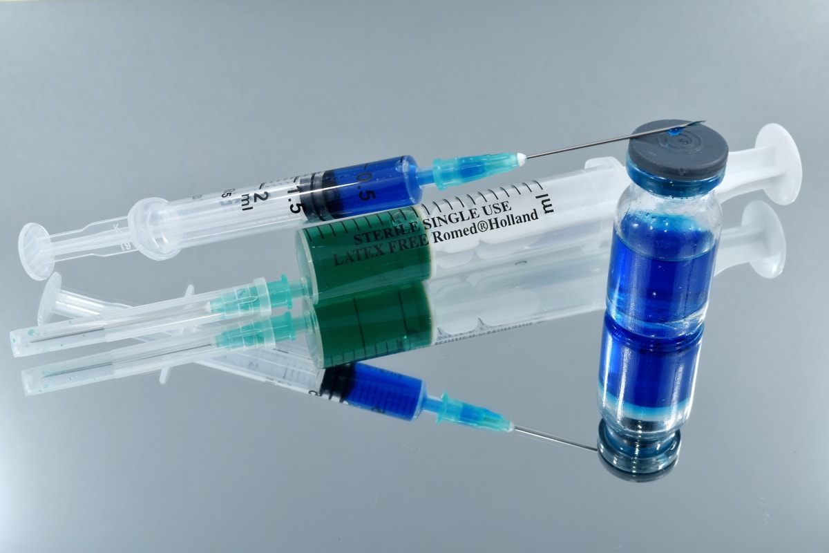 blue, cure, green, injection, liquid, medical care, reflection, syringe, vaccine, pharmacology