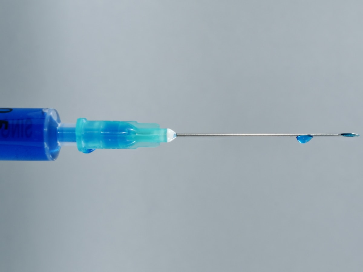 blå, helt tæt, kur, vandret, nål, sprøjte, vaccine, instrument, enhed, medicin