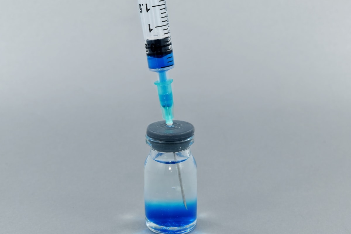 biochimica, blu, esperimento, liquido, farmacologia, siringa, trasparente, plastica, strumento, medicina