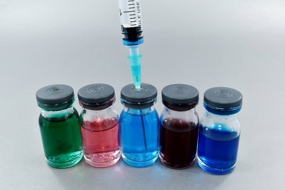 혈액 한 천, 혈액 분석, 다채로운, 시 약, 테스트, 병, 의학, 약리학, 플라스틱, 컨테이너