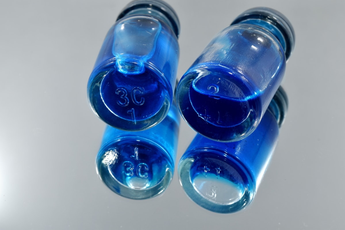 Bioquímica, azul, productos químicos, química, líquido, pureza, reactivo de, suero, botella, envase