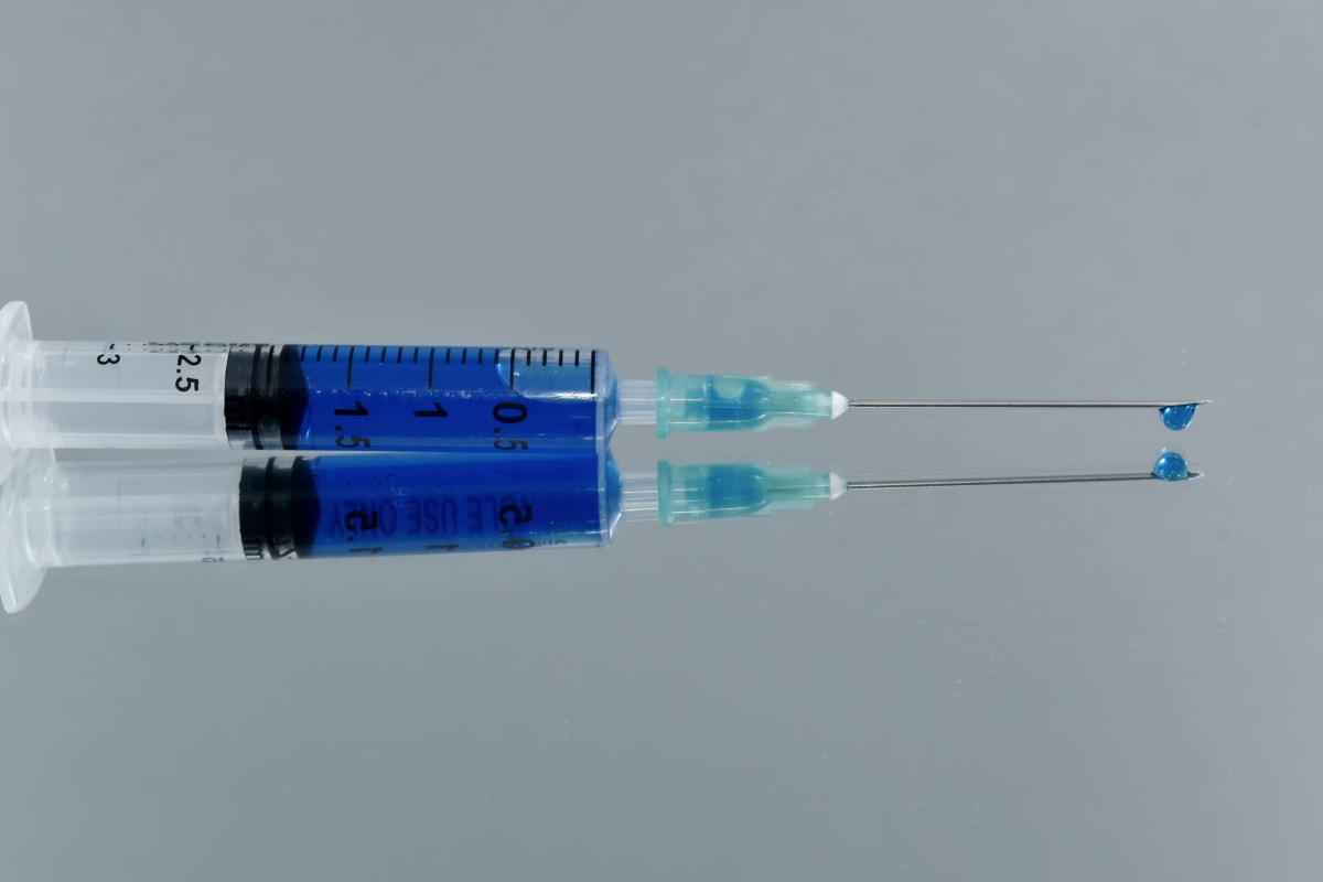 blu, da vicino, vaccino, medicina, siringa, dispositivo, iniezione, strumento, assistenza sanitaria, dell'ago