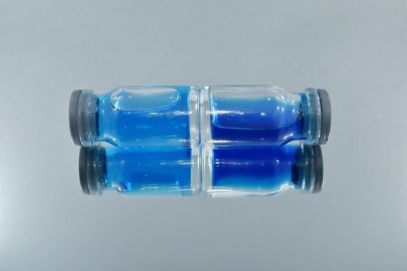 blue, bottles, horizontal, liquid, mirror, reflection, plastic, bottle, still life, glass