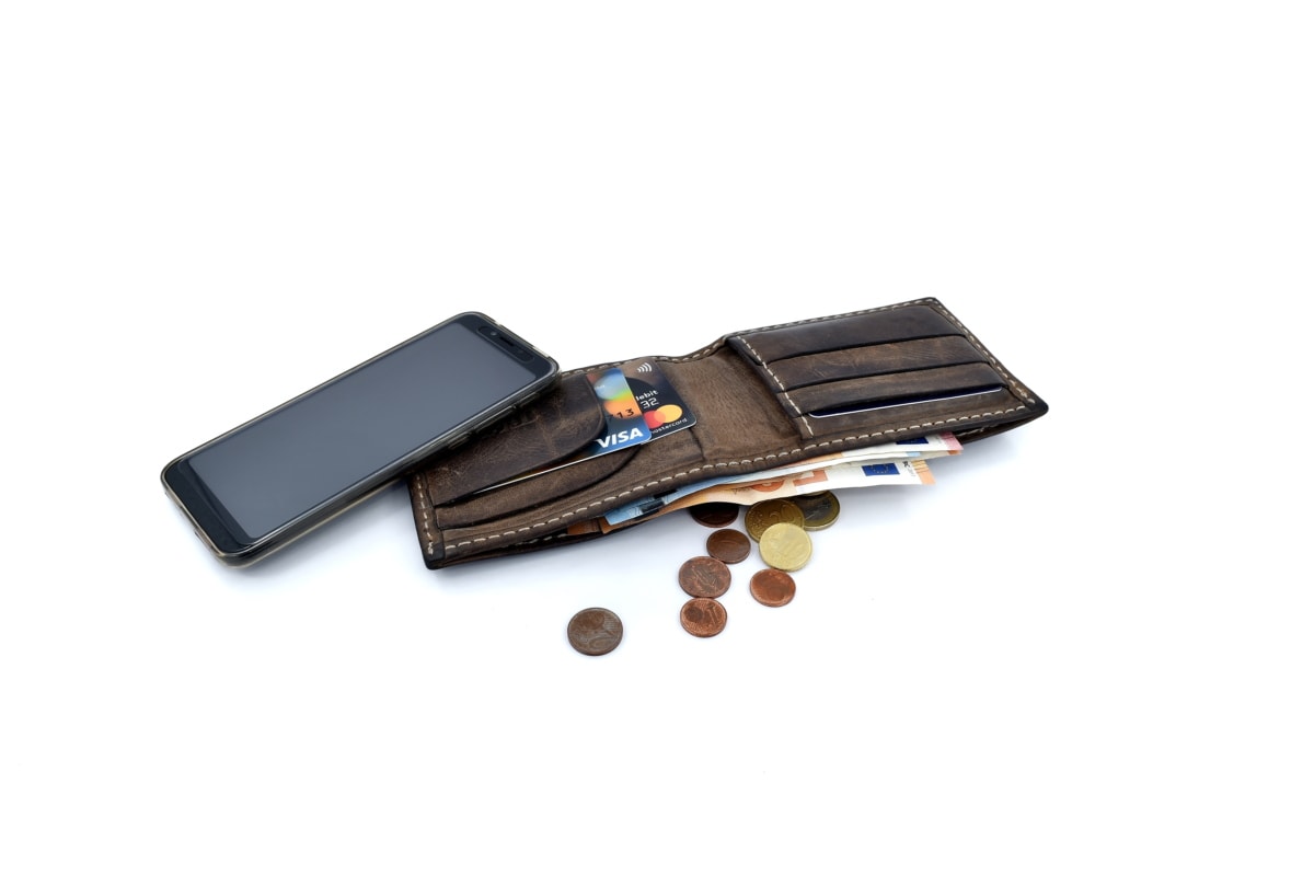wallet, banknote, cellphone, coins, communication, internet, paper money, leather, business, fashion