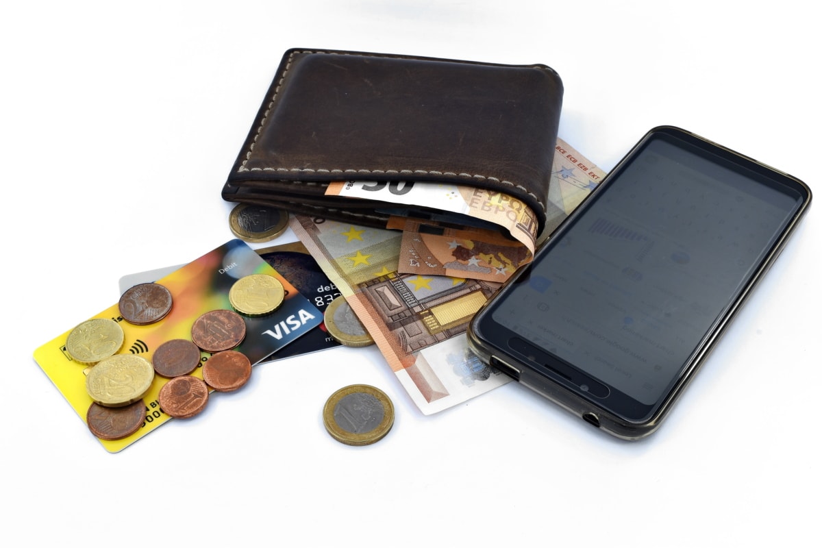 kort, mynter, kostnader, kreditt, Internett, lån, mobiltelefon, penger, papirpenger, pris