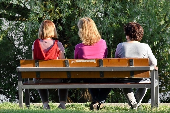 友人, 友情, リラクゼーション, 三, 一緒に, 女性, 座席, 公園, ベンチ, 人々