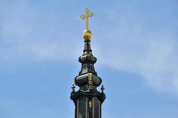 church tower, cross, golden glow, golden shiner, spirituality, architecture, device, old, church, religion