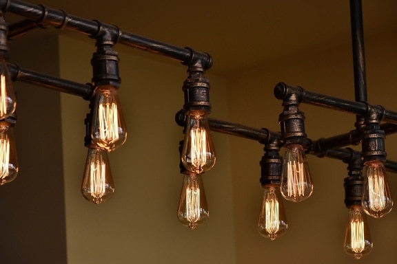 chandelier, contemporary, hanging, light brown, light bulb, device, antique, brass, retro, lamp