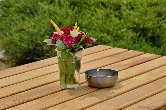 ashtray, bouquet, still life, vase, wood, leaf, flower, summer, bamboo, garden
