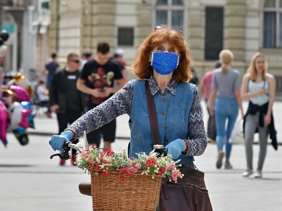bicycle, crowd, face mask, gloves, gorgeous, infectious disease, people, protection, urban area, woman