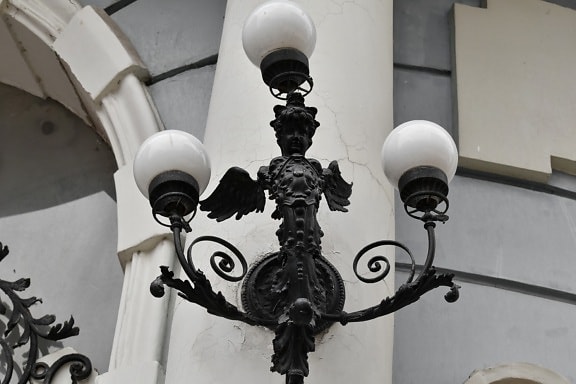 angel, art, black, cast iron, facade, lamp, chandelier, architecture, urban, lantern