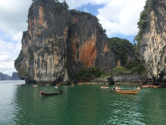 Asia, boats, cliff, natural park, water, boat, sea, landscape, ocean, island