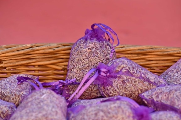 bags, fragrance, lavender, still life, wicker basket, decoration, purple, needle, pink, close-up
