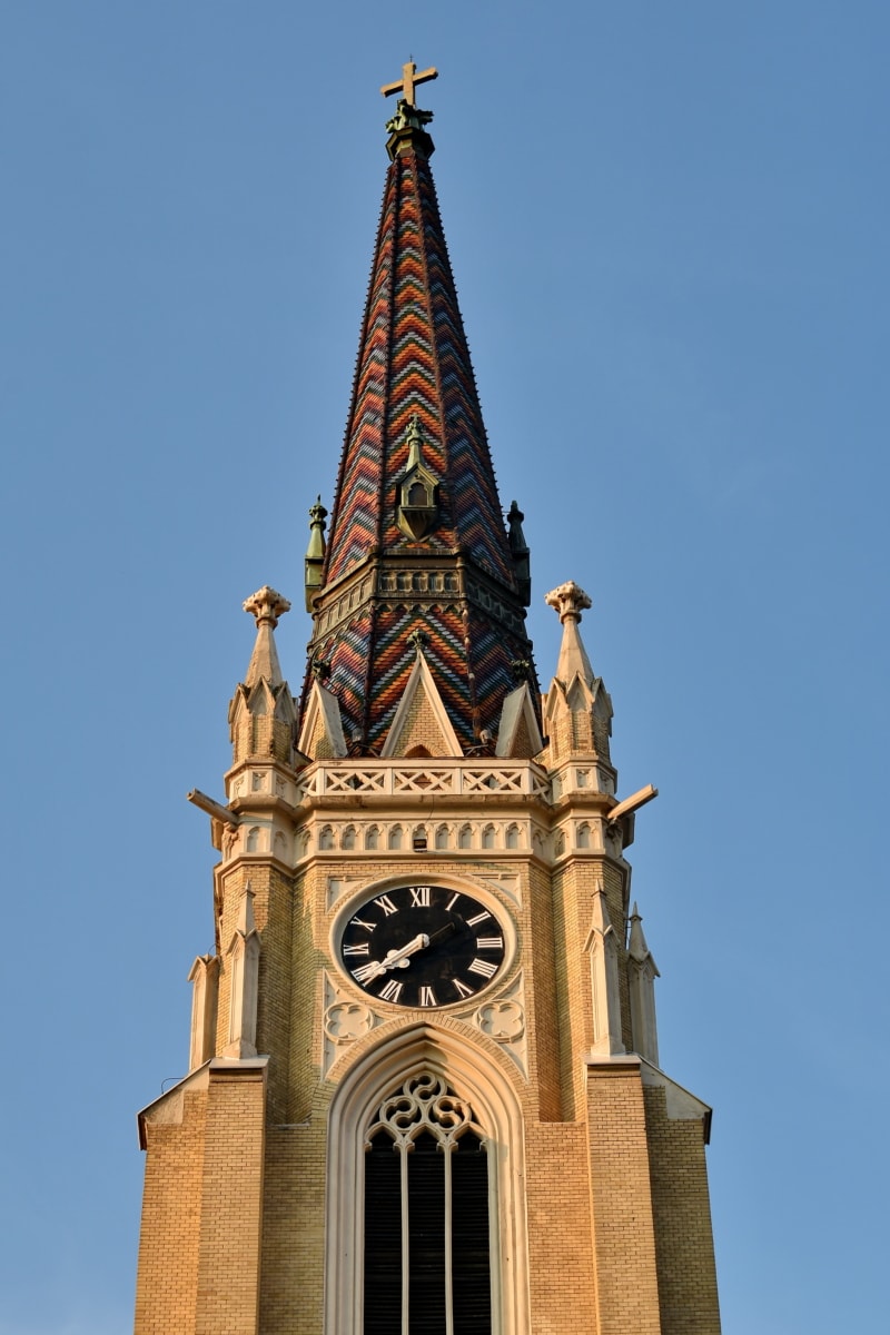Кирпич, башня церков, крест, ориентир, крыша, построение, архитектура, часы, церковь, старый