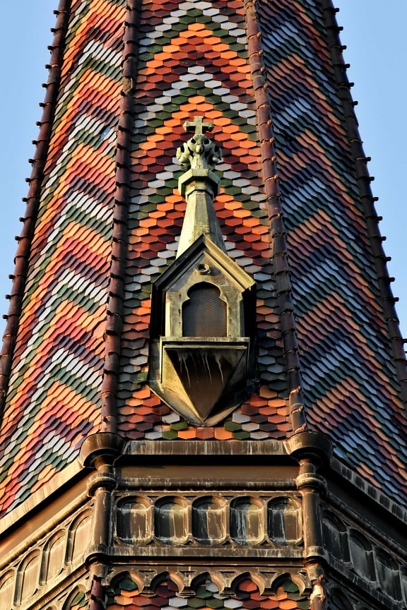 church tower, colorful, design, handmade, roof, rooftop, tiles, window, tower, building