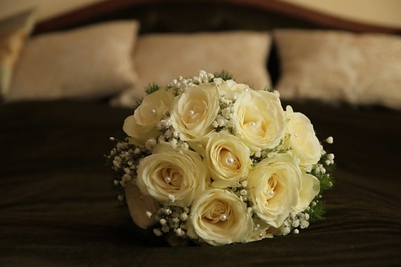 hálószoba, párna, csokor, szerelem, Rózsa, virág, elrendezése, romantika, esküvő, házasság