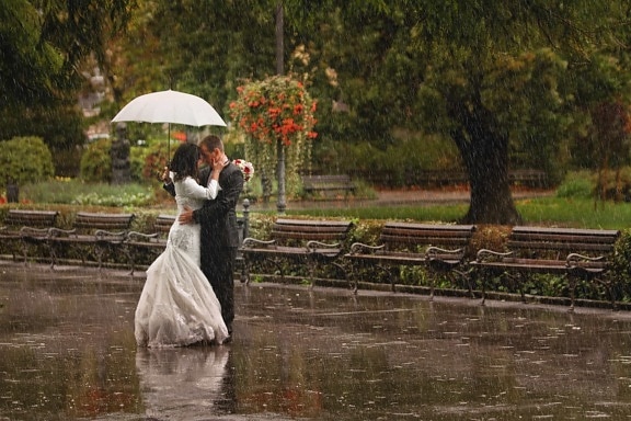 bride, dress, enjoying, groom, happiness, pretty girl, rain, street, umbrella, girl
