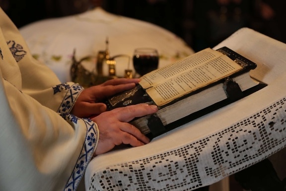 bible, book, ceremony, church, event, hands, priest, hand, paper, work