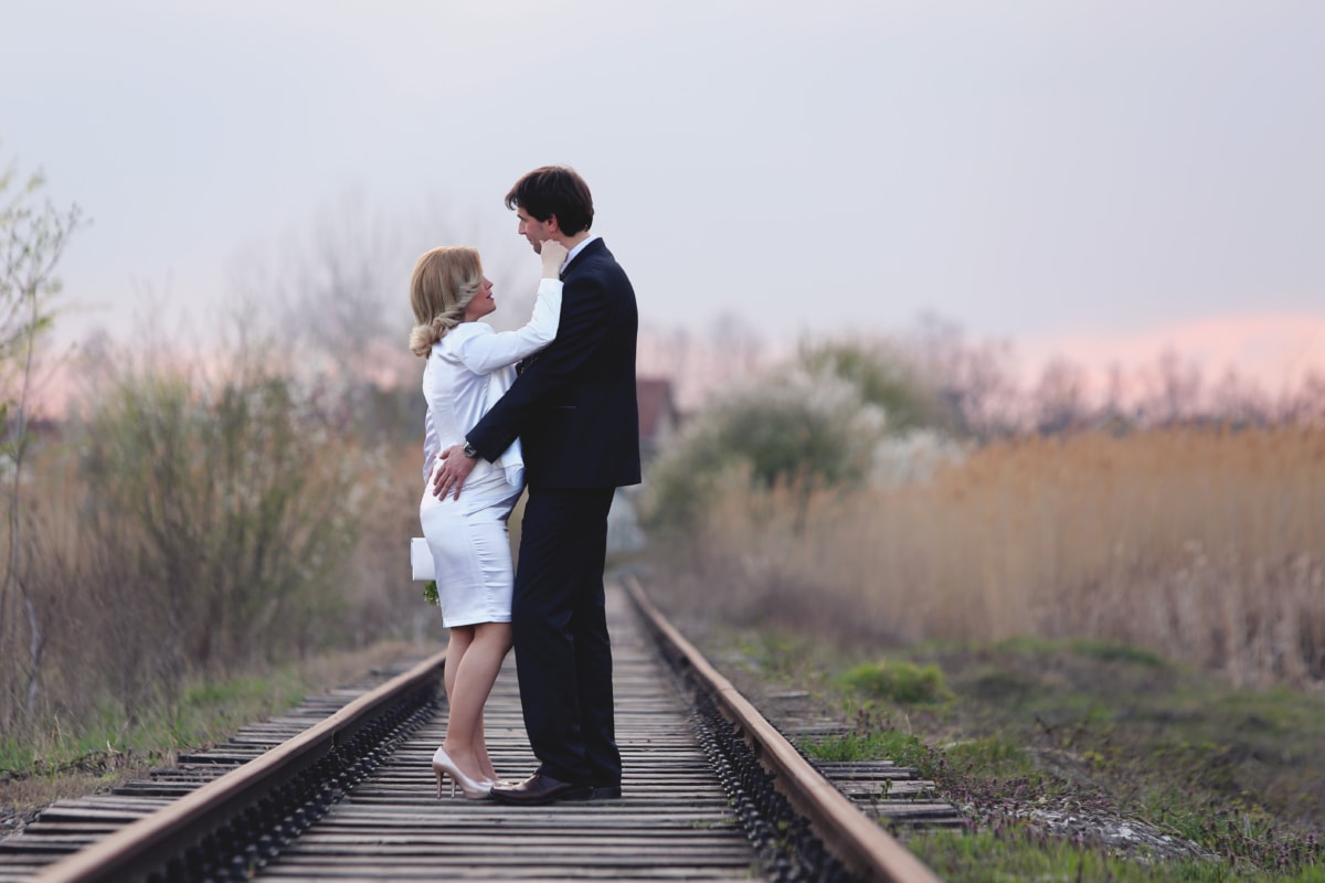 bride, groom, husband, journey, marriage, railroad, railway, railway station, romantic, wedding