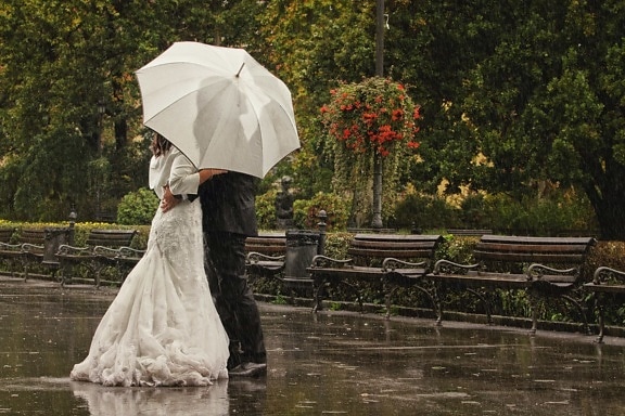 engagement, love, park, rain, romantic, togetherness, umbrella, wedding, dress, people