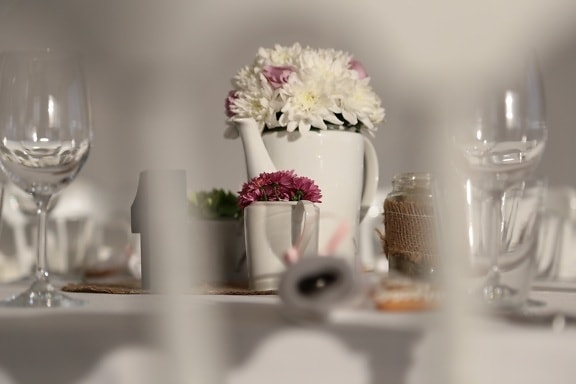 bouquet, glasses, glassware, pitcher, restaurant, vase, flower, flowers, cup, decoration