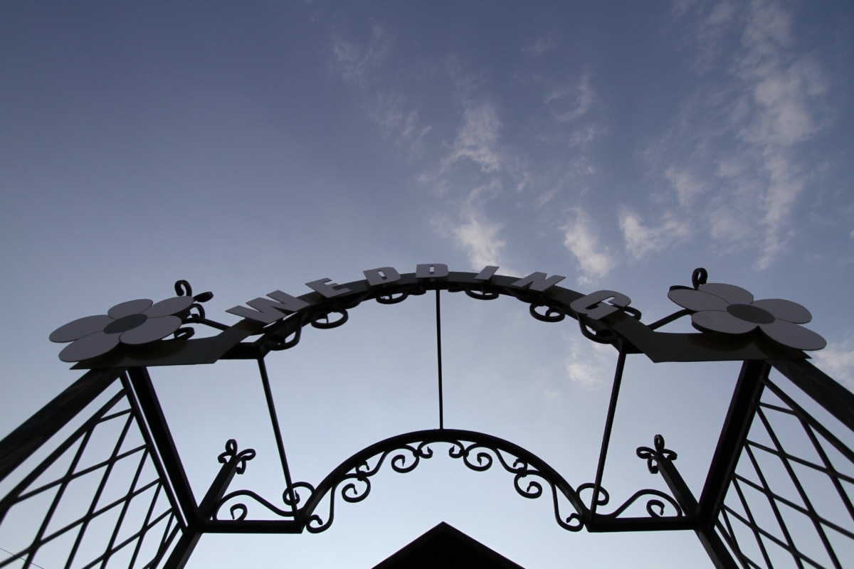 blå himmel, støbejern, foran døren, port, gateway, metal, Metallic, bryllup, enhed, jern