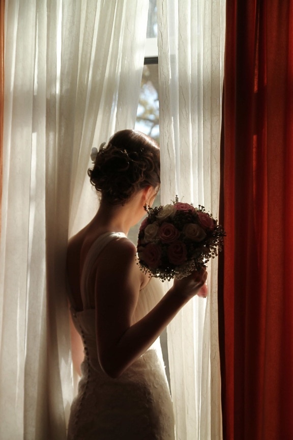 Vorhang, herrlich, Dame, hübsches mädchen, Fenster, Liebe, Kleid, Braut, Hochzeit, verheiratet