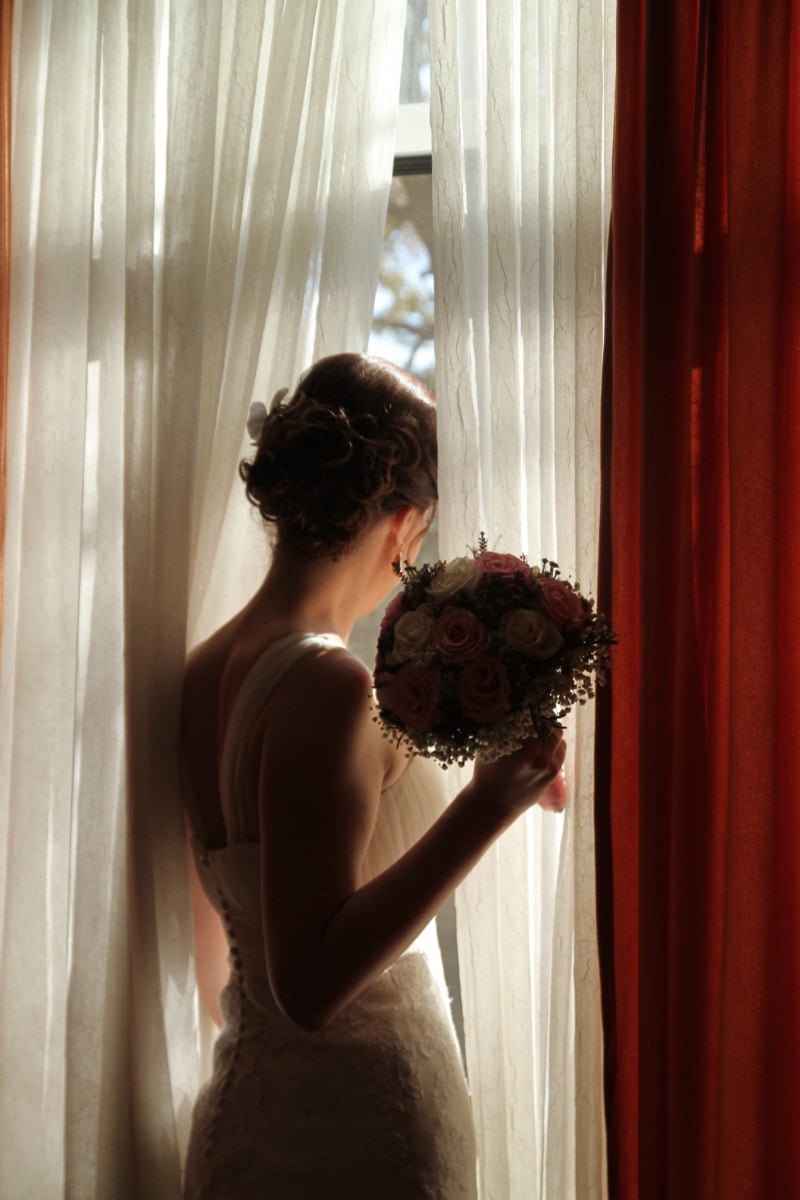 cortina, maravilloso, Señora, nina bonita, ventana, amor, Vestido, novia, boda, se casó con
