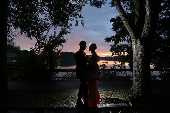 bride, Danube, dusk, lakeside, romantic, silhouette, wedding, groom, tree, people