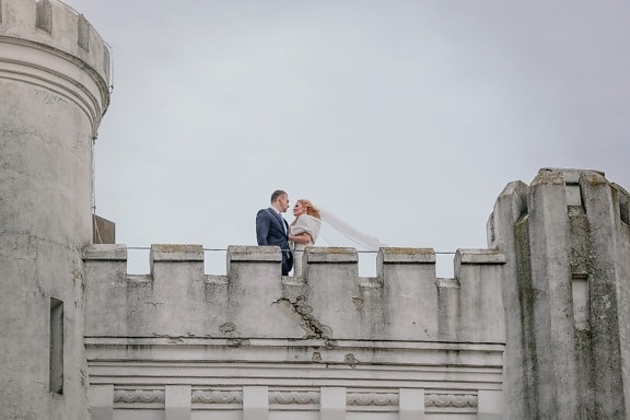 bride, castle, fortress, groom, tower, wind, architecture, building, outdoors, people