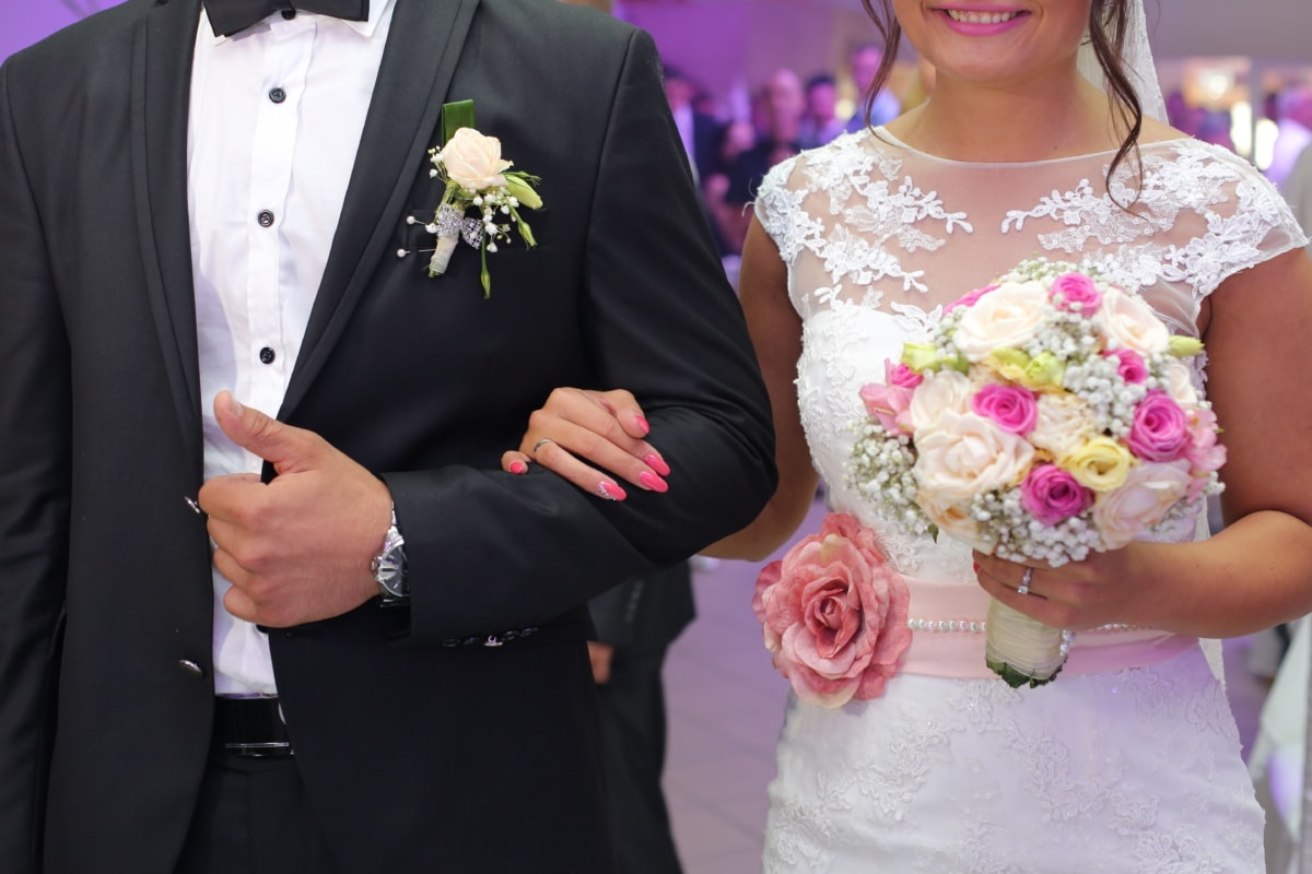 bouquet, la mariée, cérémonie, robe, jeune marié, Smile, costume, mariage, amour, mode