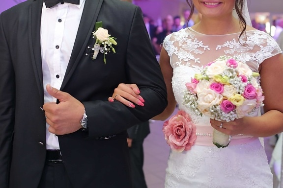 bouquet, bride, ceremony, dress, groom, smile, suit, wedding, love, fashion