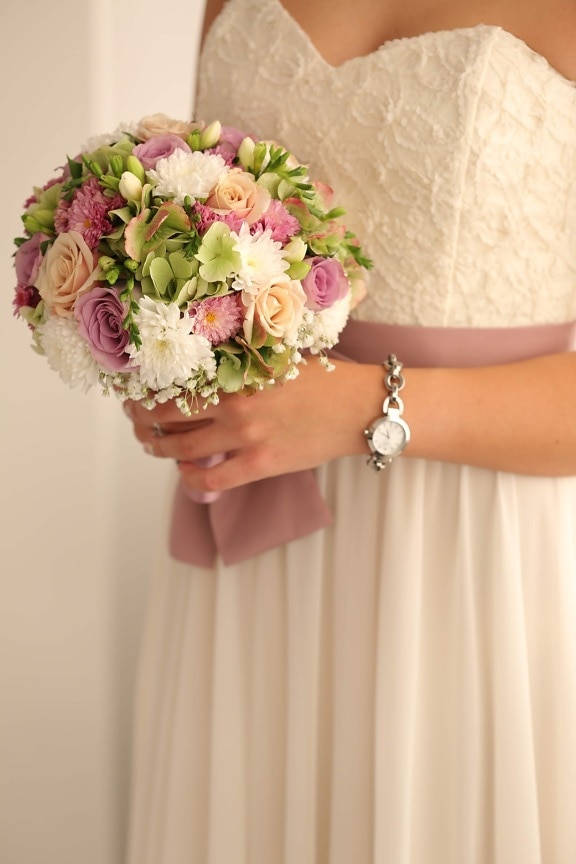 bukett, bruden, kjole, eleganse, håndfull, hender, armbåndsur, blomster, bryllup, kjærlighet