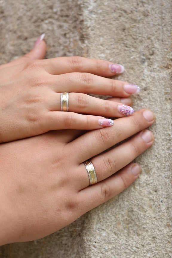 hender, manikyr, ringer, romantikk, huden, ta på, bryllup, giftering, kvinne, hånd