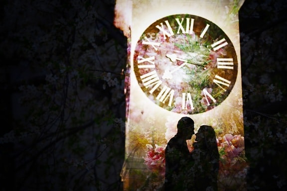 horloge analogique, petit ami, petite amie, Photomontage, silhouette, ensemble, convivialité, horloge, à l’extérieur, temps