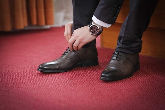 bedroom, businessman, rug, shoelace, shoes, wristwatch, leather, pair, shoe, fashion