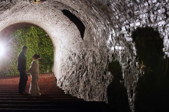 bride, groom, light, love, romantic, shadow, stairs, tunnel, hole, people